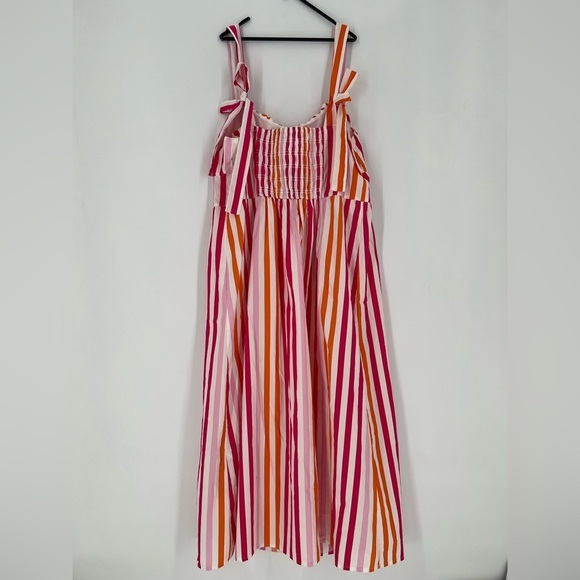 H&M Tie Long Strap Striped Flared Midi Dress In Cerise Striped - Picture 10 of 12